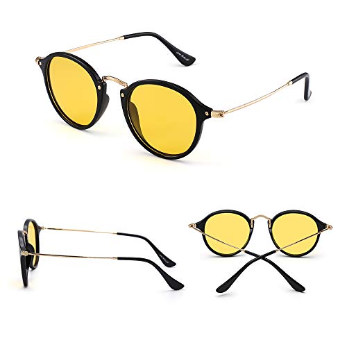 JIM HALO Gafas de Sol Polarizadas Retro Redondas Lentes de Espejo Pequeño Circulo Tintado Hombre Mujer(Negro Brillante/Amarillo)