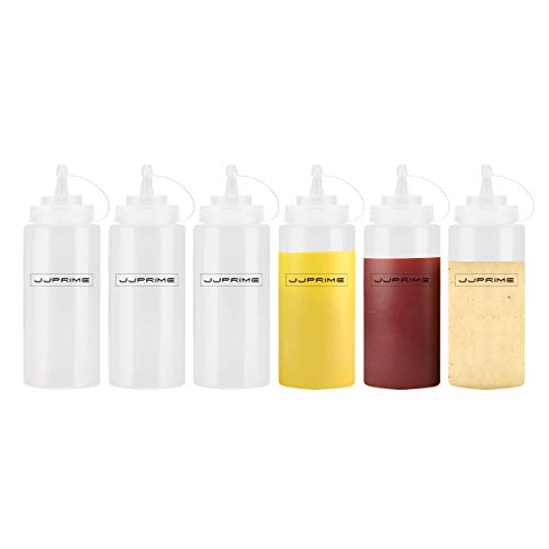 JJOnlineStore - 6 pzas Botella Exprimible de Plástico Transparente Dispensador de Condimentos Ketchup Mostaza Chili Mayonesa Salsa Vinagre Tapa de Botella en Rosca y Tapa (12 Oz / 375ml)