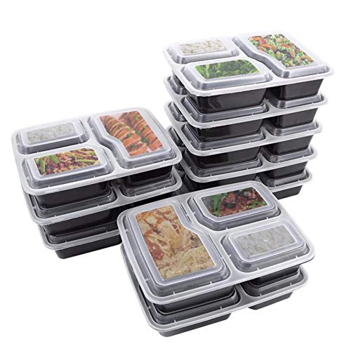 JJPRIME - Flash ventas - 10 x reutilizable 3 compartimentos microondas apilables Comida Prep recipientes de plástico caja de almacenamiento de alimentos Set