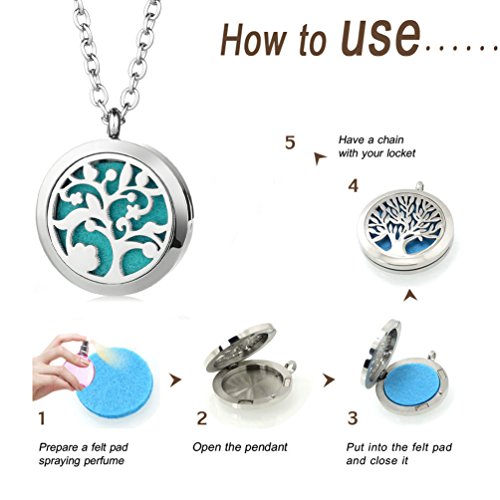 joymiao Árbol de la Vida Aromaterapia Difusor de Aceite Esencial Locket Collar 316L Surgical Grade Joyas de Acero Inoxidable 24"Cadena con 8 Felt Pads de Color