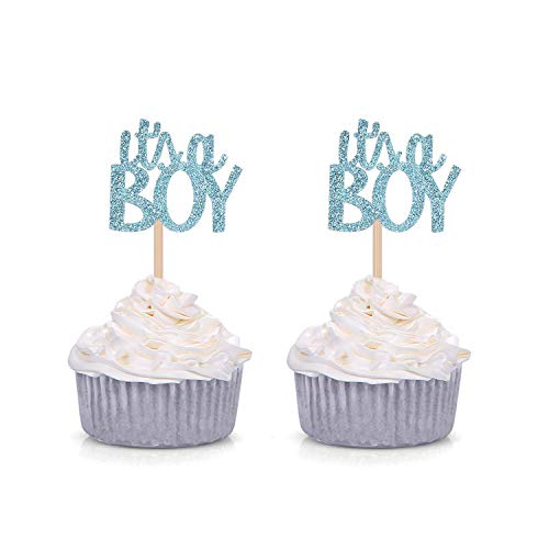 Juego de 24 púas para decoración de cupcakes con purpurina, diseño de chico