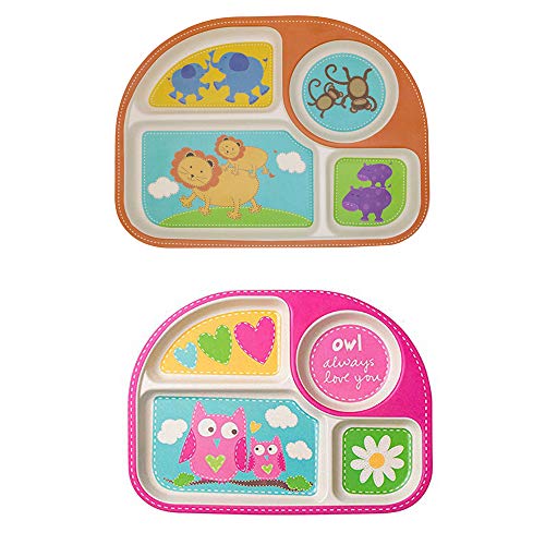 Juego de Cena Niños 2 Paquetes de Platos Compartimentos Bebé Platos Juego Bambú Vajilla Juego para Niños de 6 Meses a 6 Años Regalo Niños Pequeños Bambú Juego de Cubiertos (Búho & León)
