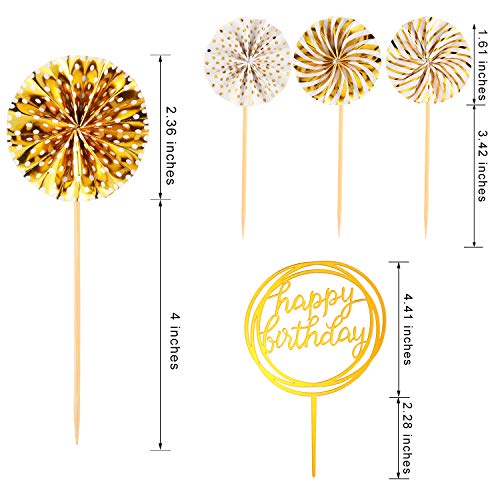 Juego de Topper de Pastel de Happy Birthday Topper de Magdalena de Acrílico de Globo de Confeti Abanico de Papel para Decoración de Pastel de Cumpleaños (Dorado)