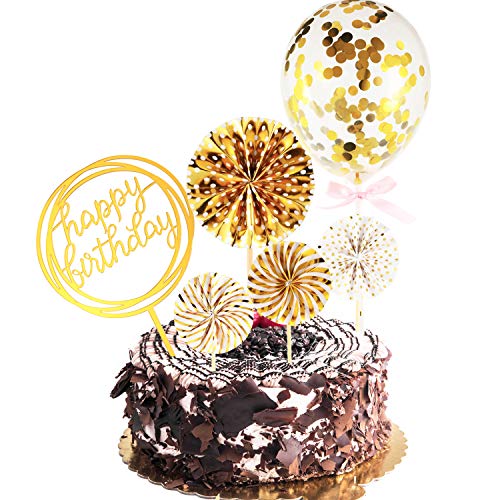 Juego de Topper de Pastel de Happy Birthday Topper de Magdalena de Acrílico de Globo de Confeti Abanico de Papel para Decoración de Pastel de Cumpleaños (Dorado)