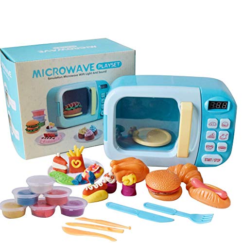 Juguete de microondas con luz de sonido para niños, Cocina realista fingir Juego Set con 6 platos de arcilla de color de bricolaje y realistas de comida de plástico para hogar Juguete para Niño Niña