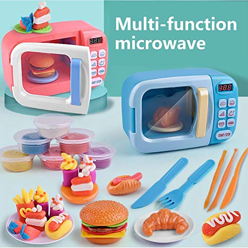 Juguete de microondas con luz de sonido para niños, Cocina realista fingir Juego Set con 6 platos de arcilla de color de bricolaje y realistas de comida de plástico para hogar Juguete para Niño Niña