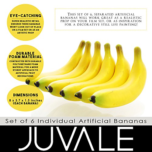 Juvale - Set de frutas artificiales: 6 plátanos de plástico, ideales para pintar bodegones, decorar tiendas, cocinas, color amarillo, 20 x 9 x 4 cm.