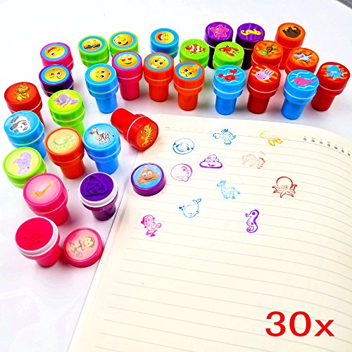 JZK Animal Marino + Emoji + Animal Salvaje, 30 Sellos Tinta para niños Conjunto Sellos estampador Auto entintado para niños Fiesta cumpleaños Relleno Bolsas Favor Fiesta Relleno Media Navidad
