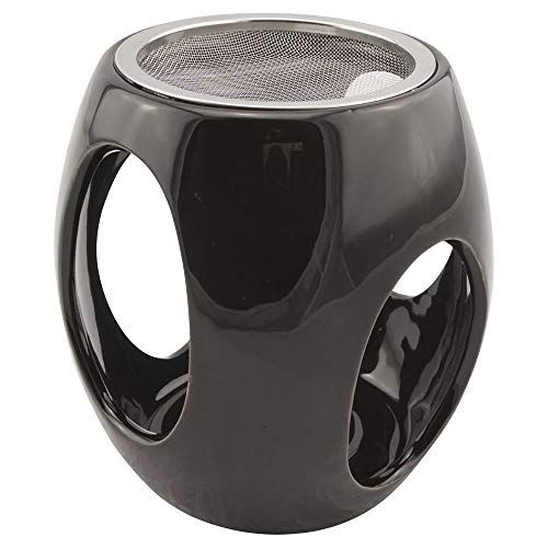 K W Quemador de Incienso con un tamiz de Acero Inoxidable y Disco de Metal – cerámica con Esmalte Negro – diseño Maris – H 11,5cm