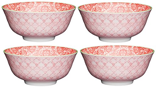 Kitchencraft Footed vintage-style floral-patterned cuencos, 15,5 cm (6 ") (Set de 4), cerámica, rojo/rosa, 15,5 x 15,5 x 7,5 cm
