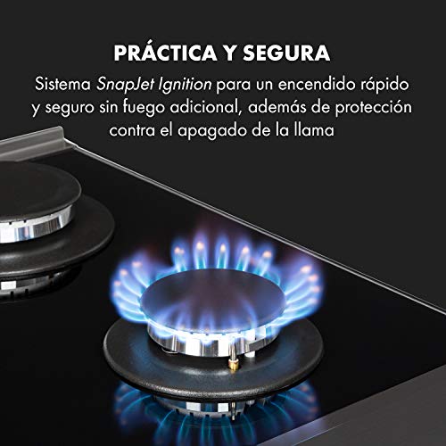Klarstein Alchemist - Placa de cocina de gas, Autárquico, Quemadores de aluminio, Gas natural/butano, Soportes de hierro fundido, Superficie de vitrocerámica, Mandos giratorios, 5 fogones, Negro