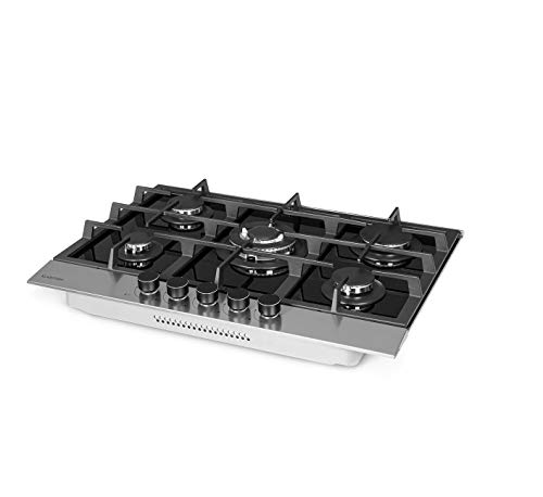 Klarstein Alchemist - Placa de cocina de gas, Autárquico, Quemadores de aluminio, Gas natural/butano, Soportes de hierro fundido, Superficie de vitrocerámica, Mandos giratorios, 5 fogones, Negro