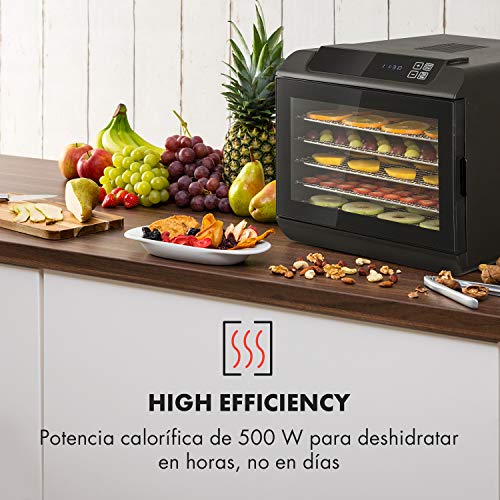 Klarstein Arizona Jerky deshidratadora - Desecadora, Secadora de fruta y carne, 500 W, 35-70°C, 6 baldas lavables en lavavajillas, Períodos cortos de secado, Pantalla táctil digital, Negro