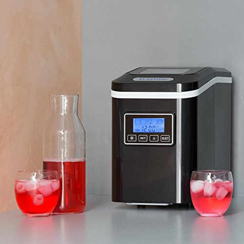 Klarstein Lannister - Máquina de Hacer Hielo, Fabricadora de Cubitos, 10 kg/24 h, Autolavado, 3 tamaños, 8-10 min, 1,1 L, Temporizador, Ventana de visualización, Pantalla LCD, Negro