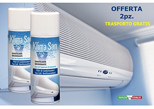 KLIMA SAN 2 PZ.Desinfectante y desodorante en aerosol de acción antiestática para filtros de aire acondicionado y superficies