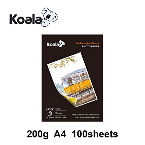 KOALA Papel Fotográfico Láser Brillante de Doble cara, A4, 200 g/m², 100 hojas, para impresoras LASER. Adecuado para imprimir Fotos, Portadas, Certificados, Folletos, Volantes, Tarjetas, Calendarios