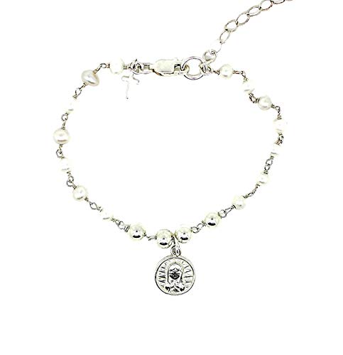 Kokomorocco Pulsera comunión Medalla Virgen niña de Plata 925 con Rosario de Perlas cultivadas en Agua Dulce y Cruz de Plata. Regalo de Cuento con la Leyenda de la Virgen niña Regalos Originales