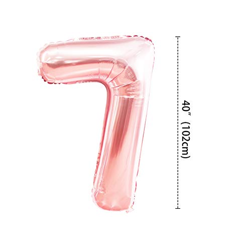 KUNGYO Decoraciones de Fiesta de Cumpleaños para Adultos y Niños, Oro Rosa Gigante Número 7 y Estrella de Helio Globos, Cintas, Globos de Confeti de Látex- Rose Gold Suministros de Fiesta