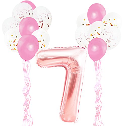 KUNGYO Decoraciones de Fiesta de Cumpleaños para Adultos y Niños, Oro Rosa Gigante Número 7 y Estrella de Helio Globos, Cintas, Globos de Confeti de Látex- Rose Gold Suministros de Fiesta