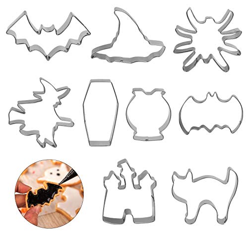 LAITER 9 Pcs Cortadorespara Galletas de Halloween Moldes de Galletas de Acero Inoxidable Forma de Elemento Halloween (Murciélago Castillo Sombrero Atatúd Gato Araña Búho Bruja) para Hacer Galletas