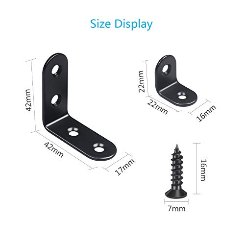 LANMOK 20 Piezas Soporte de Esquina 90 Grados Estante de Ángulo Recto de Acero Inoxidable en Forma L Corner Brace con Tornillos Escuadras de Ángulo Negro para Silla Mueble Ventana (42*42mm/22*22mm)