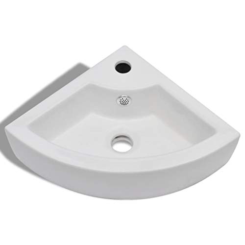 Lavabo de Cerámica de Cuarto de Baño Blanco Agujero de Grifo y Desbordamiento Esquina