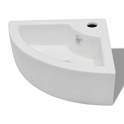 Lavabo de Cerámica de Cuarto de Baño Blanco Agujero de Grifo y Desbordamiento Esquina
