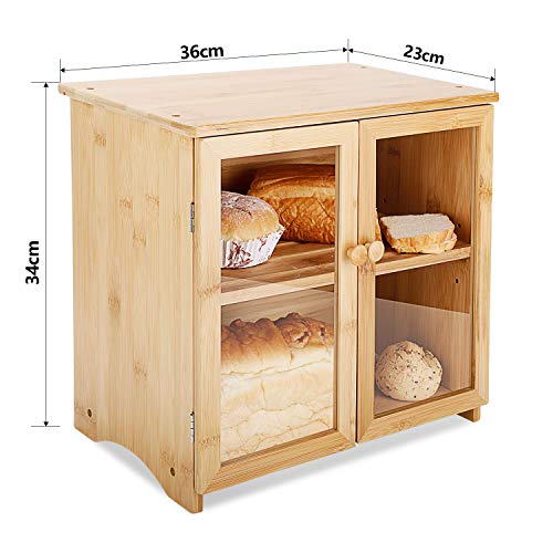 Leader Accessories Caja de pan de bambú de 2 capas con tapa para tabla de cortar Caja de pan de madera de bambú con doble puerta, espacio de almacenamiento ajustable, para cocina, naturaleza