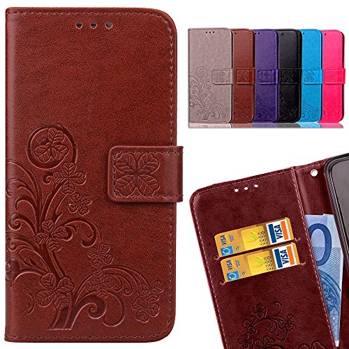 LEMORRY Funda para Xiaomi Redmi 4A Estuches Gofrado Cuero Flip Cover Billetera Piel Protector Magnética con Tarjetas Ranura TPU Silicona Carcasa Tapa para Xiaomi Redmi 4A, Hoja Afortunada (Marrón)