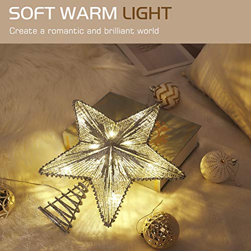Lewondr Estrella de Punta de Árbol, Estrella Chispeante Brillantes Colgantes Ornamento con Luces Led para Decorativo Festival de árbol de Navidad, Brillante de 28.5CM Estrella de Cinco Punta - Plata