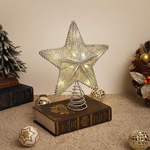 Lewondr Estrella de Punta de Árbol, Estrella Chispeante Brillantes Colgantes Ornamento con Luces Led para Decorativo Festival de árbol de Navidad, Brillante de 28.5CM Estrella de Cinco Punta - Plata