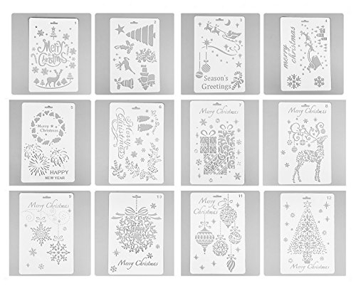 Lirener 12 Piezas Plantillas de la Fiesta de Navidad plástico Dibujo Pintura Stencil Escala gráficos Plantilla para DIY álbum de Fotos Cuaderno Diario de Recortes y Manualidades, 25.9x17.2cm