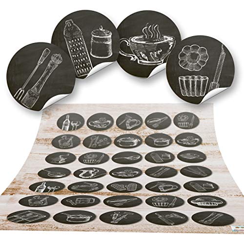 Logbuch-Verlag - Pegatina decorativa de cocina (autoadhesiva, redonda, pequeña), diseño vintage, color blanco y negro, color Negro
 70 Stück