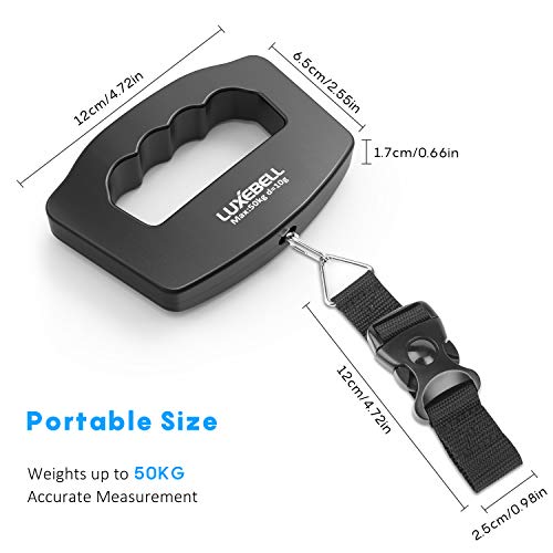 Luxebell Báscula Digital 50kg Balanza Portátil para Equipaje Viaje con Retroiluminado Azul/Función de Tara/Apagado Automático (Negro)