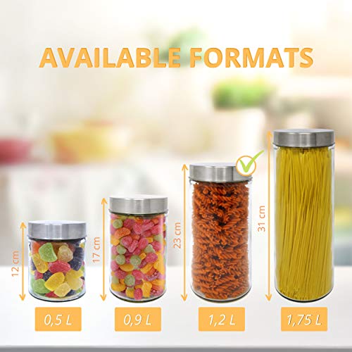 Luxury & Grace Pack 2 Botes de Cristal, 1,2 L (23x10 cm), con Tapa de Acero Inoxidable. Tarros de Cristal.