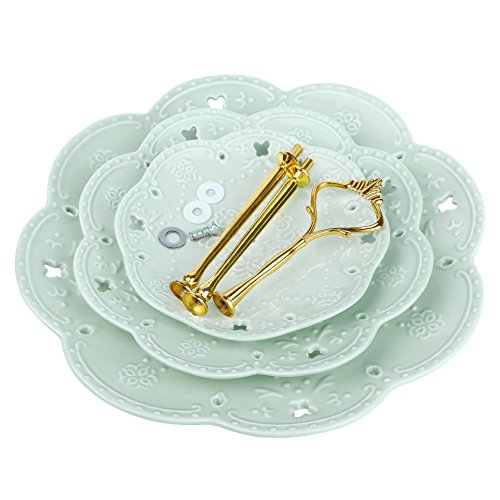 MALACASA serie Sweet.Time, Bandejas para Tartas, Plato de Porcelana 3 Capas de Placas, (6" 8" 10") Soporte de Oro para Postres, Frutas, Magdalenas, Verde