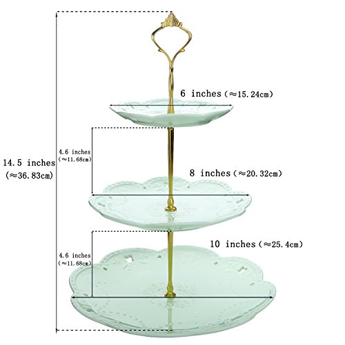 MALACASA serie Sweet.Time, Bandejas para Tartas, Plato de Porcelana 3 Capas de Placas, (6" 8" 10") Soporte de Oro para Postres, Frutas, Magdalenas, Verde