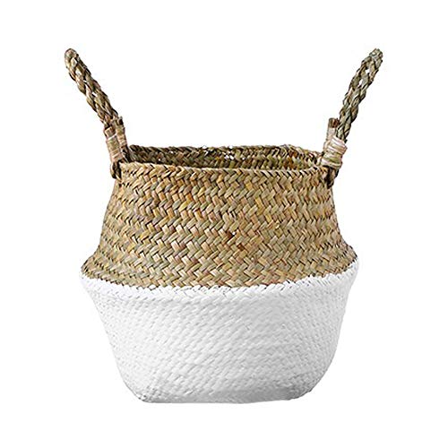 Mallalah Cesta de Almacenamiento Cesta de Mimbre de Flor Cesta de Lavandería Plegable Trenzada Suciedad en Mango de Pasto Marino 3 Tamaños para Elegir (blanco, S)