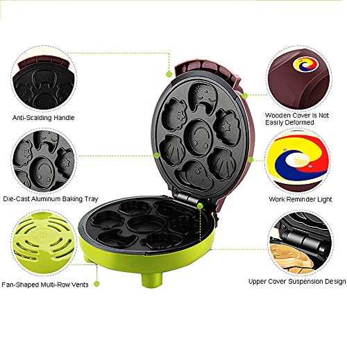 Máquina de Magdalenas Gofrera Antiadherente para Niños DIY Desayuno, Maquina de Hacer Muffins Cupcakes de Dibujos Animados Eléctrica, 1000W,Green
