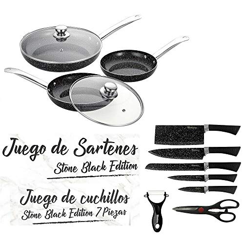 MAXELLPOWER Juego DE 3 SARTENES 2 Tapas Cuchillos Tijeras Color Negro Piedra Apto Horno