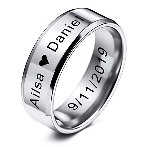 MeMeDIY Anillos de Boda para Hombre para Mujeres Niños Niñas de para Hombres de Acero Inoxidable Anillo, con Ajustador de Tamaño de - Grabado Personalizado (Plata Color, 8.0mm Anchos, 17 Tamaños)