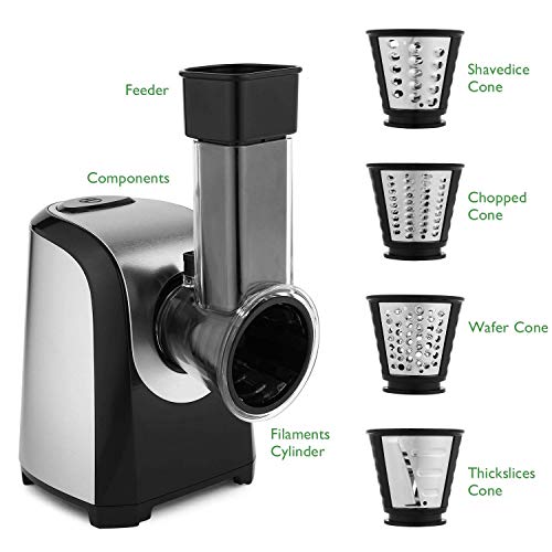 Meykey Rallador Eléctrico Multifunción 4 en 1,Rallador cocina, Cortador de Verdura Eléctrico 150W, Plateado