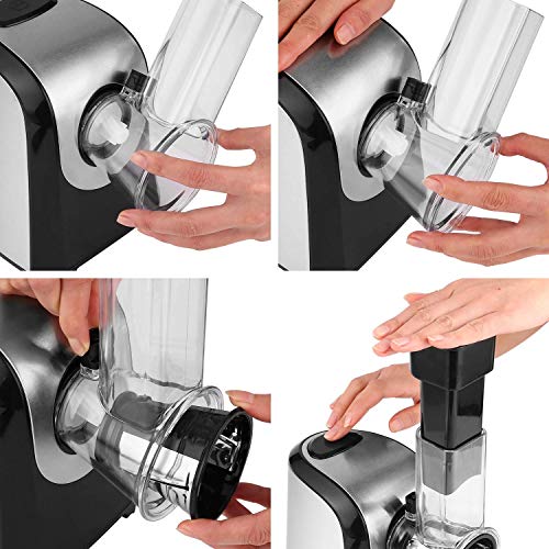 Meykey Rallador Eléctrico Multifunción 4 en 1,Rallador cocina, Cortador de Verdura Eléctrico 150W, Plateado