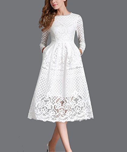 Minetom Vestido Largo Elegante de Encaje Encaje Cuello Redondo Manga Larga Coctel Fiesta Vestido para Mujer Blanco ES 34