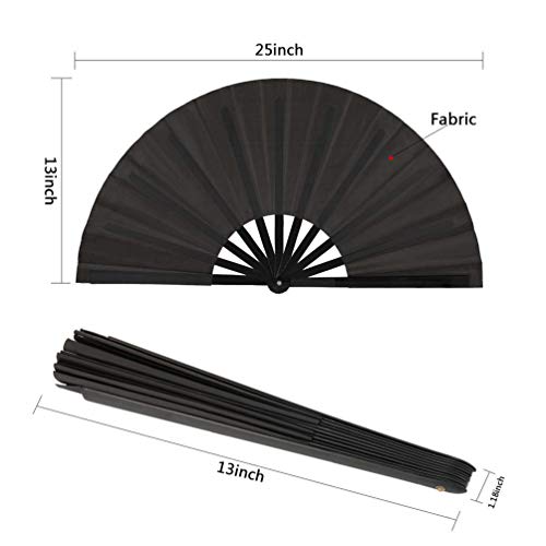 Minleer - Abanico de mano plegable grande, 2 unidades, tela de nailon, estilo vintage, estilo retro, para hombres, mujeres, festivales, bailes, regalos, espectáculos, decoraciones (negro, 13 pulgadas)
