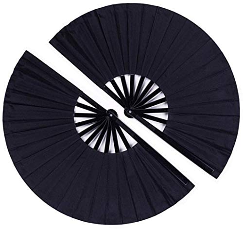Minleer - Abanico de mano plegable grande, 2 unidades, tela de nailon, estilo vintage, estilo retro, para hombres, mujeres, festivales, bailes, regalos, espectáculos, decoraciones (negro, 13 pulgadas)