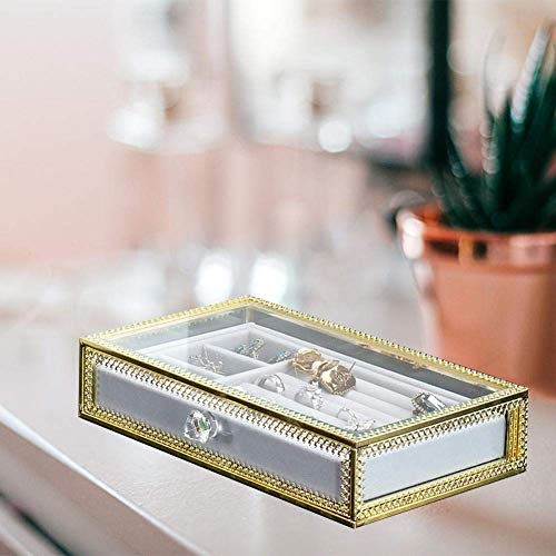 MissZZ Caja de joyería de Vidrio Transparente de 1/2 Capa con Bandeja de cajón de Terciopelo extraíble - Organizador de Prueba de Polvo de exhibición de joyería de Metal Vintage para Collar de Anil
