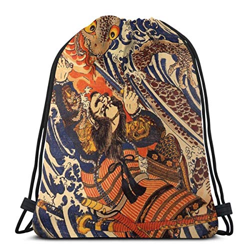 Mochila metálica de plata con cordón para gimnasio, bolsa de cincha de cadena de guerrero japonés lucha gigante salamandra