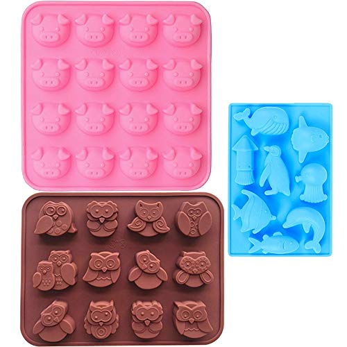 Molde de Silicona Animal, IHUIXINHE Cerdo Delfines Búho Molde de Hielo, Chocolate del Molde, Molde del Caramelo, Moldes para Hornear la Torta, Pan de Mollete, Traje de 3 Paquetes (animal)