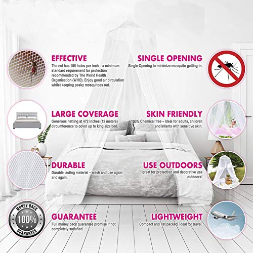 Mosquitera para Cama, Esquinas Adecuado para Cama Individual o Matrimonio Anti mosquitos para el Hogar o de Vacaciones - Blanca